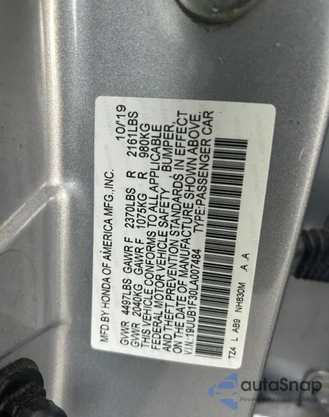 2020 Acura Tlx from USA, damaged, VIN 19UUB1F30LA007484